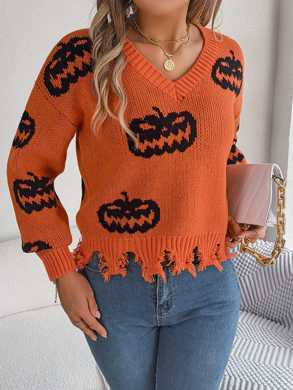 Autumn Winter Halloween Contrast Color Pumpkin Cut Rotten Long Sleeve Pullover Women Clothing - Iyanka