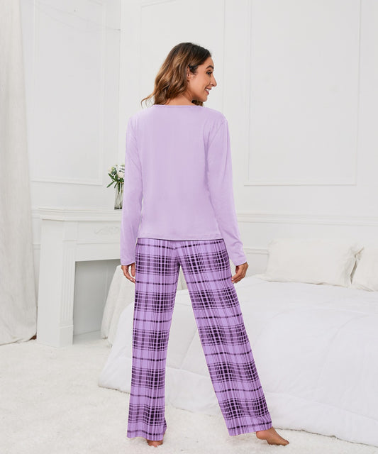Solid Color round Neck T Printed Checks Women Casual Suit Homewear Pajamas Women - Iyanka