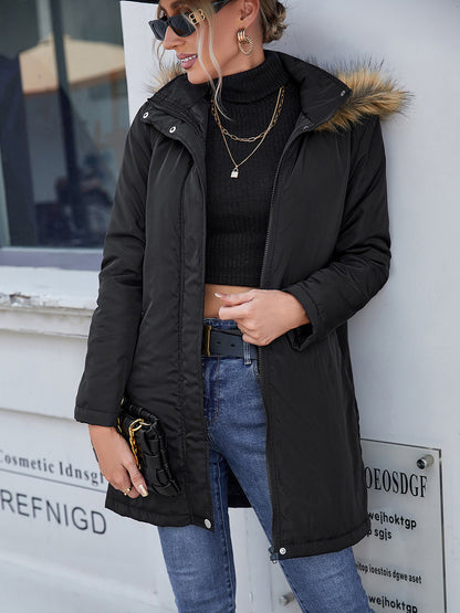 Casual Hooded Mid Length Trench Coat Overcoat Zipper Cotton Padded Coat Women - Iyanka