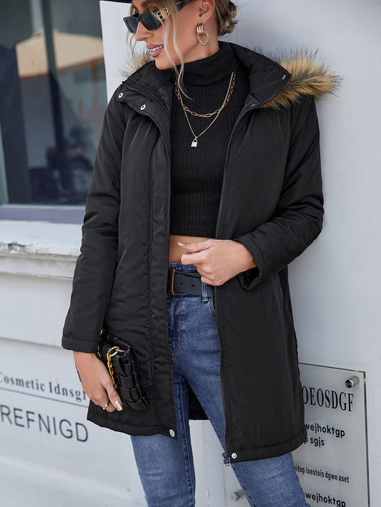 Casual Hooded Mid Length Trench Coat Overcoat Zipper Cotton Padded Coat Women - Iyanka
