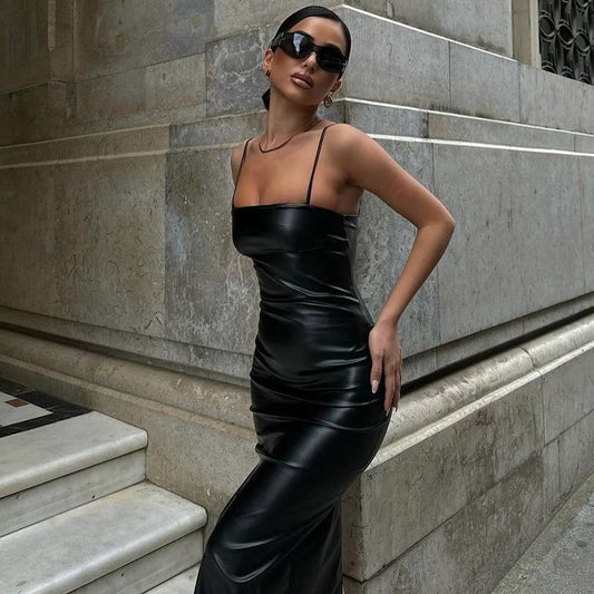 Women Clothing Summer Faux Leather Sexy Backless Lace Up Tight Waist Sheath Split Sling Dress - Iyanka