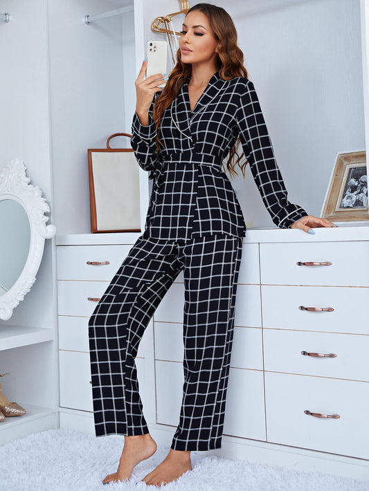 Pajamas Women Plaid Long Sleeve Deep V-neck Home Wear Can Be Twet Outfit outside - Iyanka