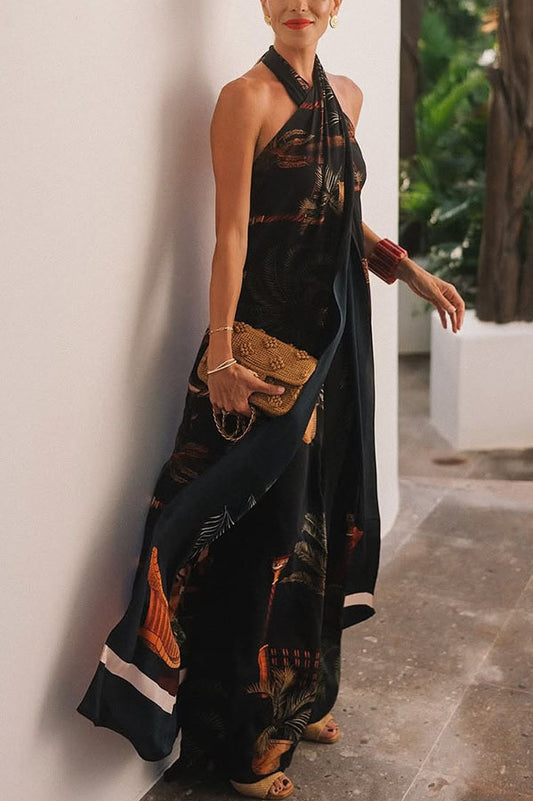 Summer Vintage Print Straight Wide Leg Pants Cross Halterneck Top Two Piece Sets - Iyanka