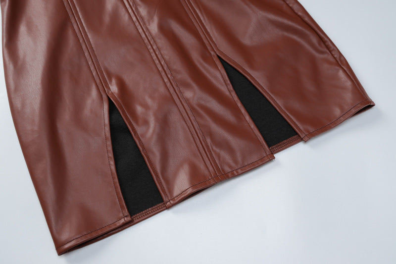 Women Clothing Faux Leather Personality Off Neck Low Cut Sexy Tight Sleeveless Backless Dress - Iyanka