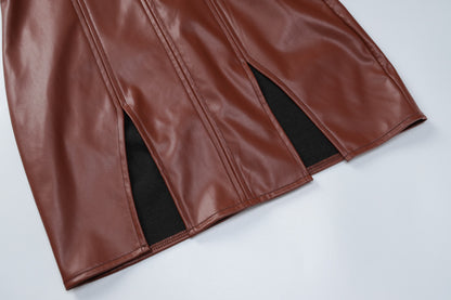 Women Clothing Faux Leather Personality Off Neck Low Cut Sexy Tight Sleeveless Backless Dress - Iyanka