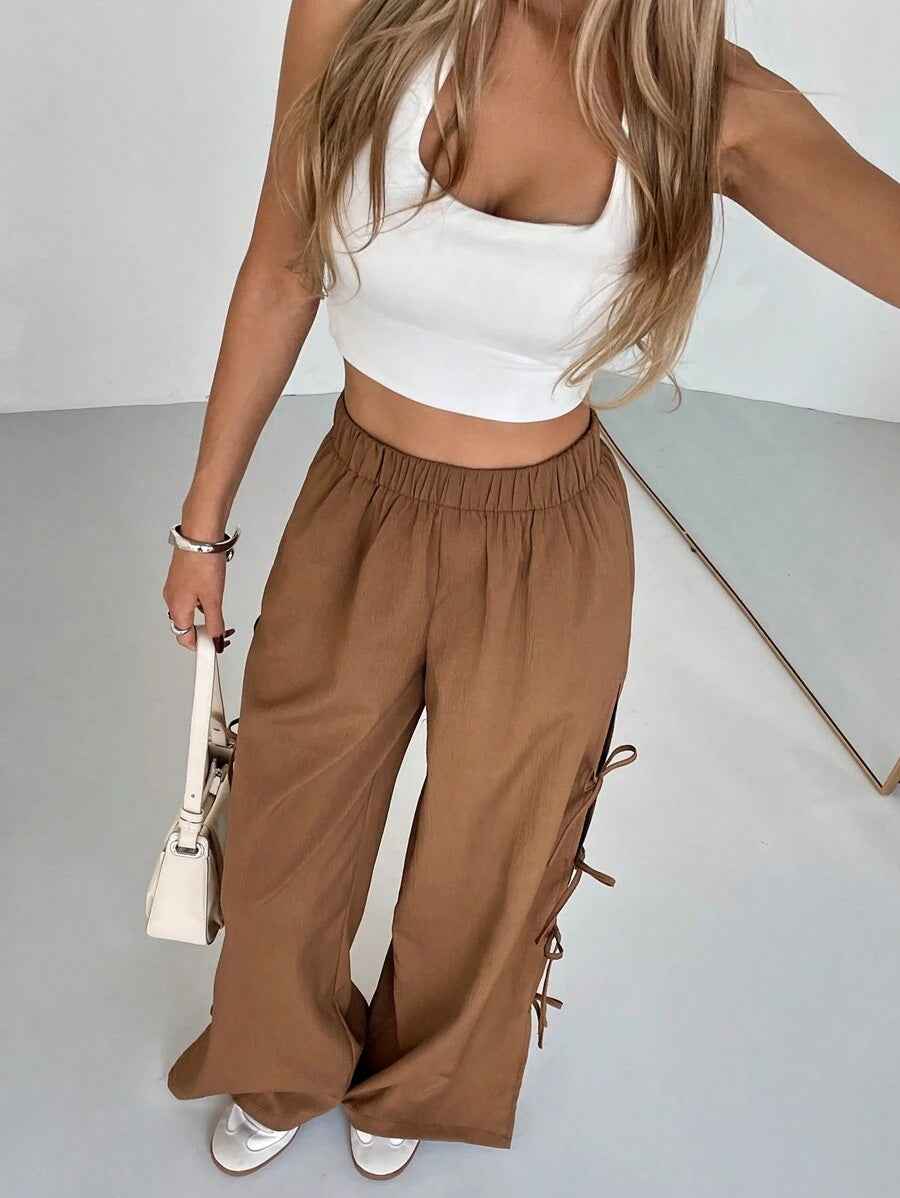 Autumn Winter Casual Bow Tie Contrast Drawstring Pants