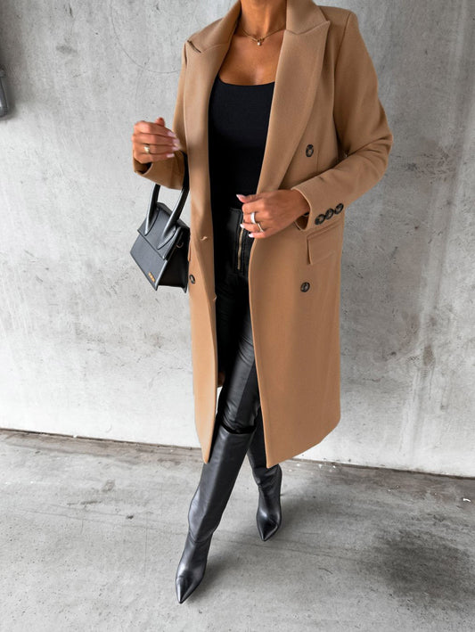 Autumn Winter Women Clothing Long Sleeve Polo Collar Solid Color Double Breasted Slim Fit Coat Overcoat - Iyanka