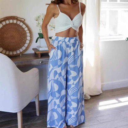 Summer Geometric Abstract Printed Elastic Waist Wide Leg Trousers