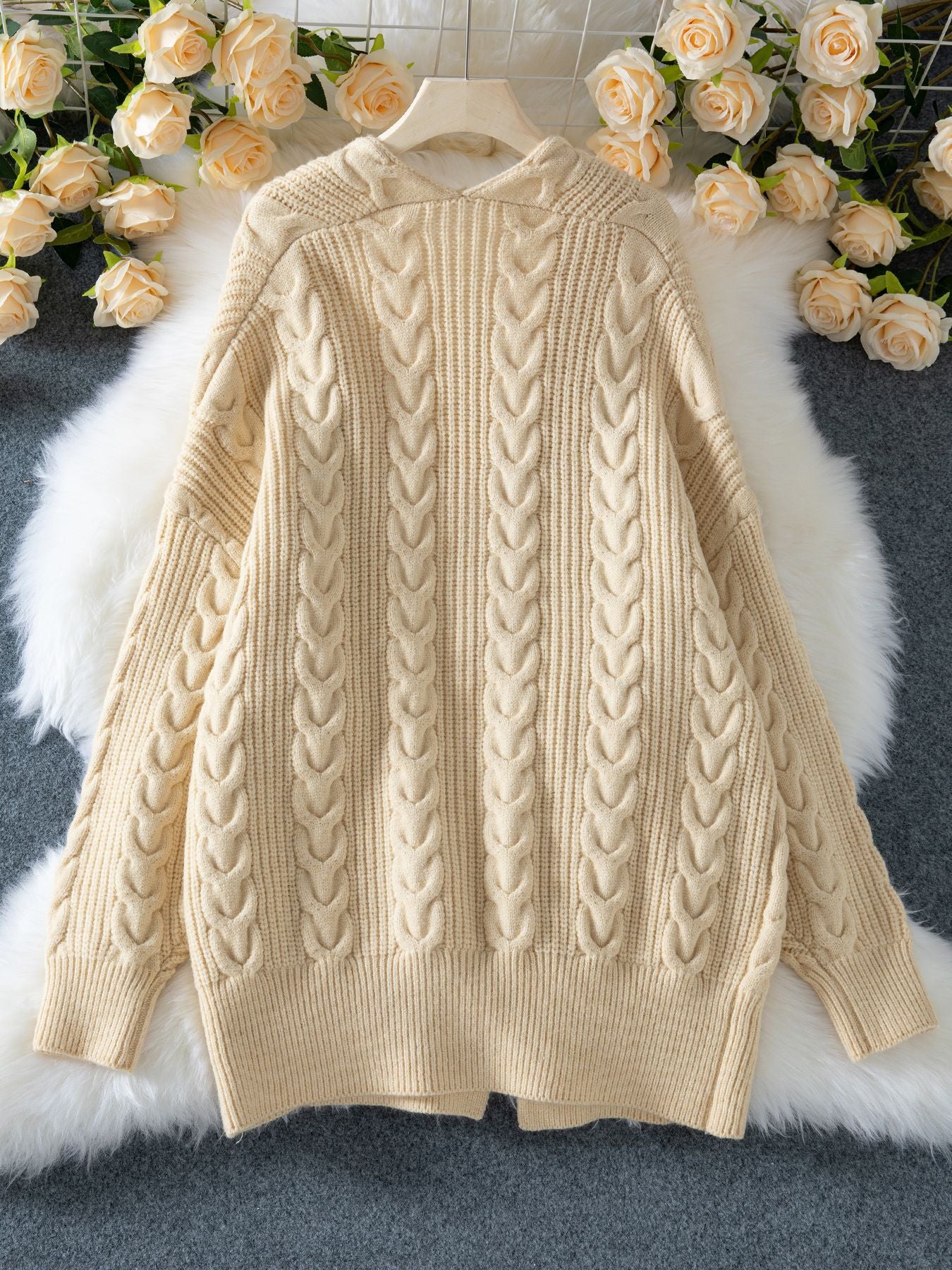 Autumn Winter Mid Length Knitted Cardigan Retro Thick Loose Cable Knit Sweater Coat for Women - Iyanka
