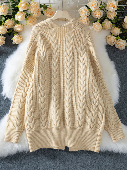 Autumn Winter Mid Length Knitted Cardigan Retro Thick Loose Cable Knit Sweater Coat for Women - Iyanka