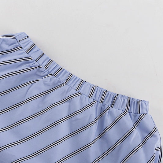 Women Striped Skirt Set round Neck Long Sleeve Tied Pullover Top Office Two Piece Set - Iyanka