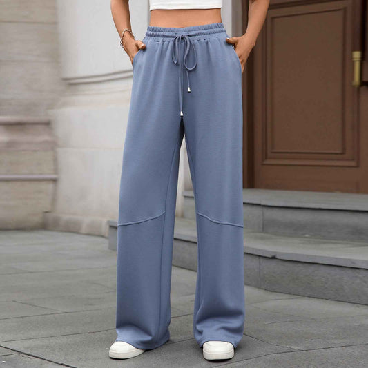 Autumn Winter Solid Color Elastic Waist Drawstring Pocket Wide Leg Pants Trousers for Women