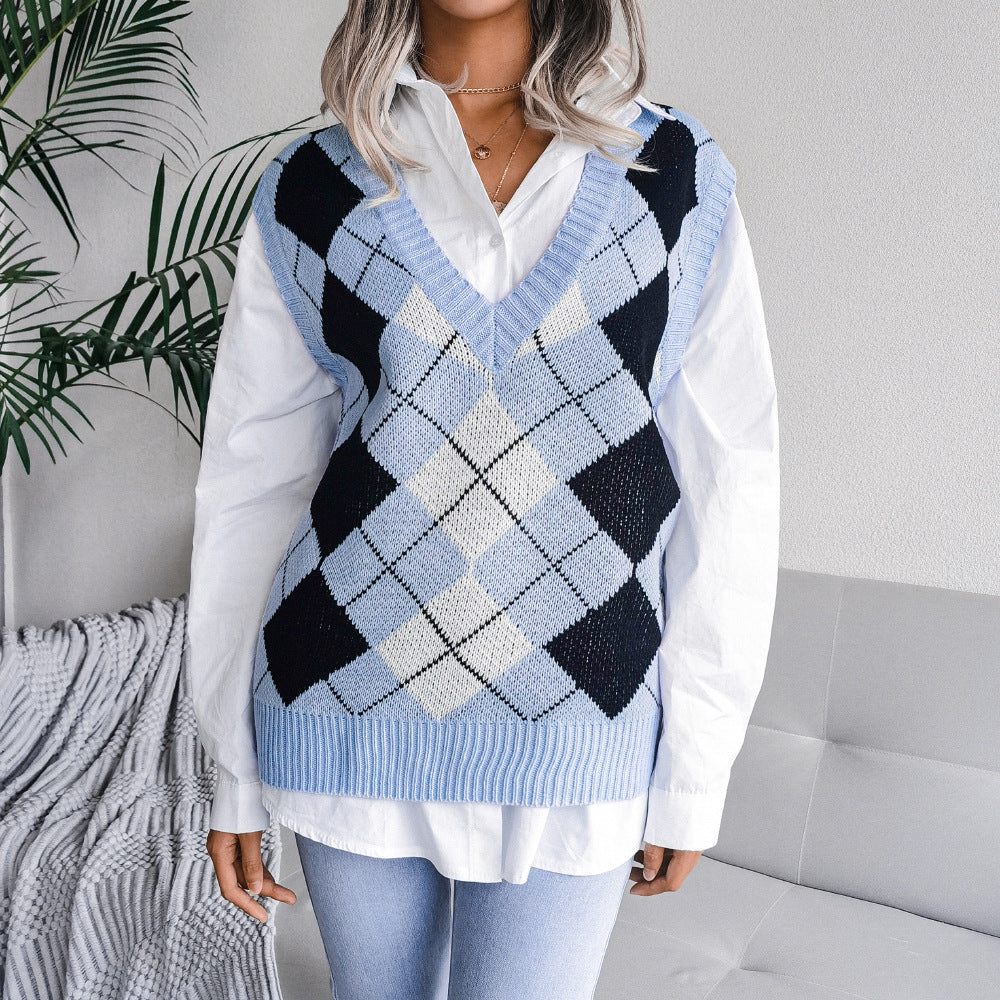 Autumn Winter College Rhombus V-neck Casual Loose Knit Vest Sweater Women Clothing - Iyanka