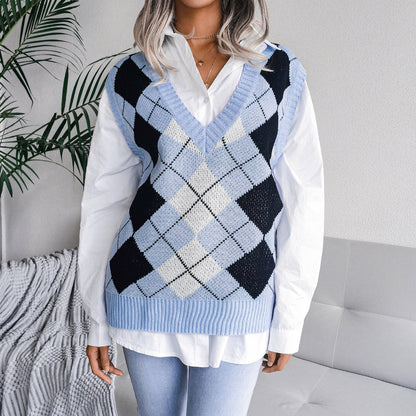 Autumn Winter College Rhombus V-neck Casual Loose Knit Vest Sweater Women Clothing - Iyanka