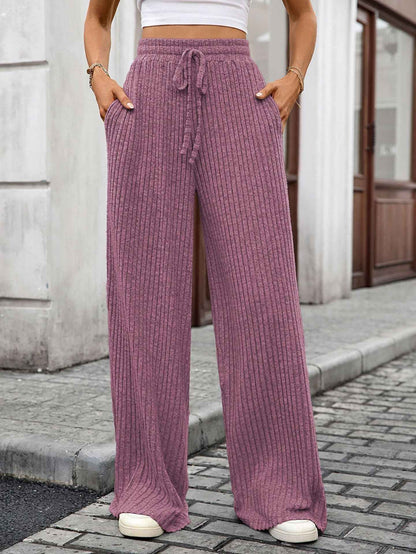 Autumn Winter Solid Color Drawstring Sunken Stripe Brushed Elastic Waist Casual Trousers