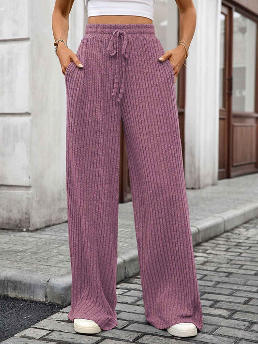 Autumn Winter Solid Color Drawstring Sunken Stripe Brushed Elastic Waist Casual Trousers