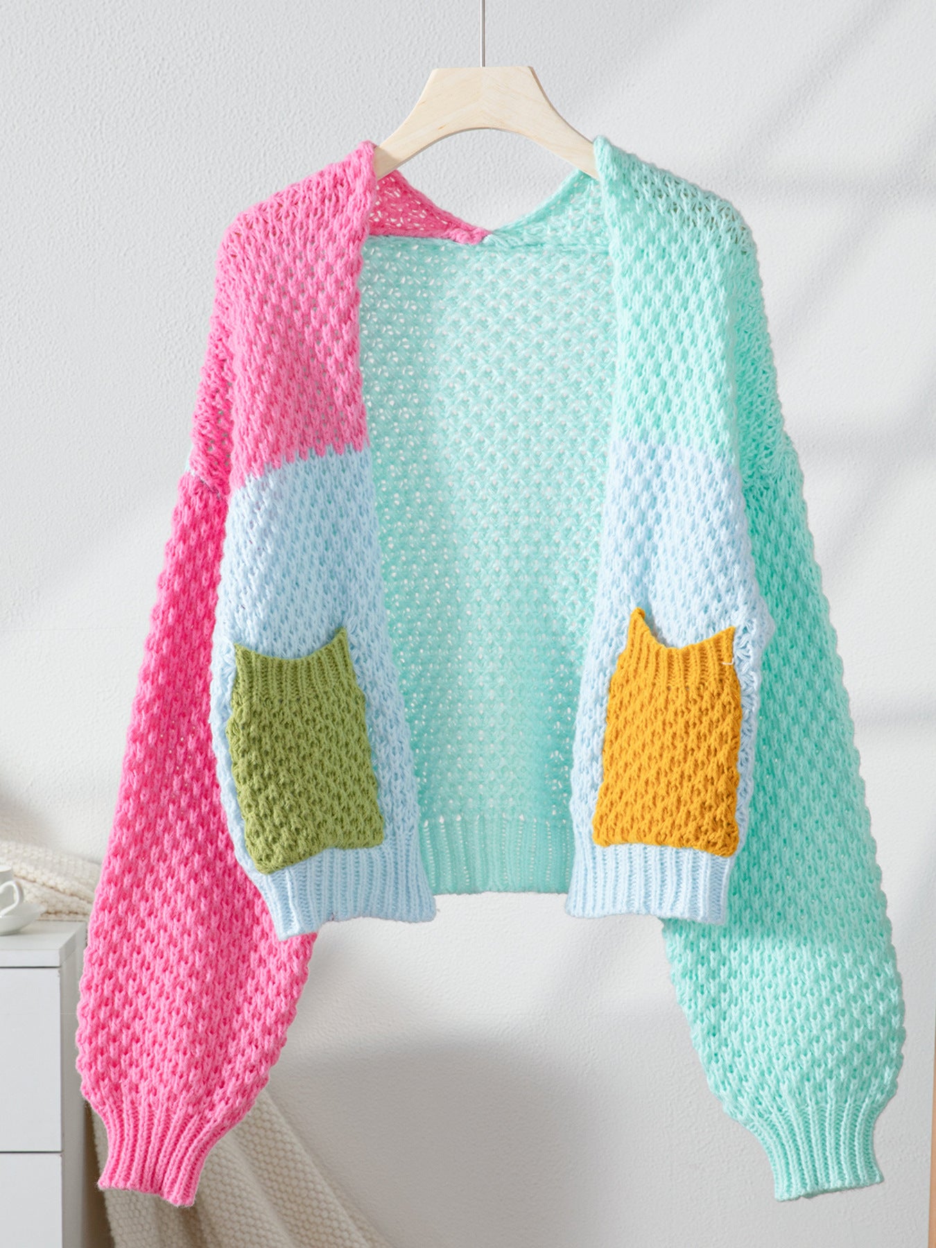 Idle Knitted Pocket Sweater Cardigan Coat Women Thick Needle Contrast Color Single Breasted V neck Top - Iyanka