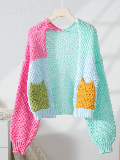 Idle Knitted Pocket Sweater Cardigan Coat Women Thick Needle Contrast Color Single Breasted V neck Top - Iyanka