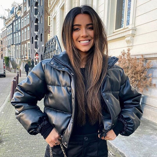 Autumn Winter Leather Coat Women Stand Collar Short Warm Bread Cotton Padded Jacket - Iyanka