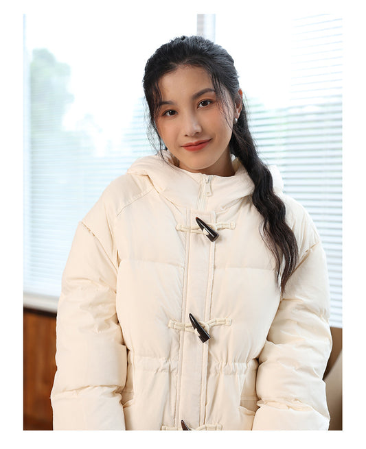 Half-High Collar Long Sleeves Bread Coat for Women Autumn Winter Thick Windproof Extended Long Coat White Duck down Hooded down Jacket - Iyanka