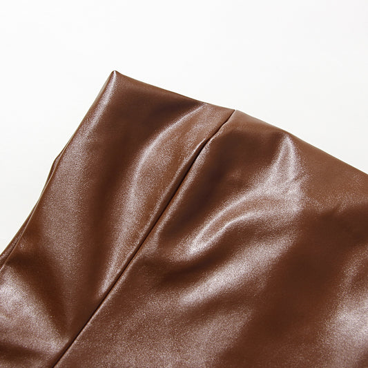 Autumn Winter Solid Color Faux Leather Elegant Slim-Fit Tube Top Back Slit Sexy Midi Dress - Iyanka