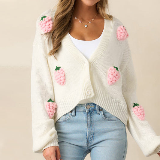 3D Strawberry Pattern Women Elegant Sweater Cardigan Autumn Winter Button Long Sleeve Sweater - Iyanka
