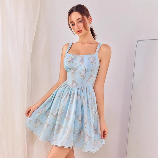 Spring Summer Women Clothing Sexy Dress Printed Backless Seaside Holiday Suspender