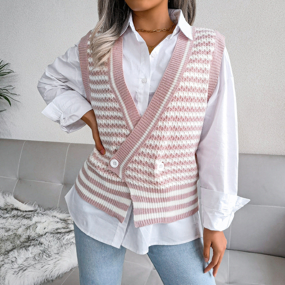 Stripe College Knitted Vest Sweater Women Clothing - Iyanka