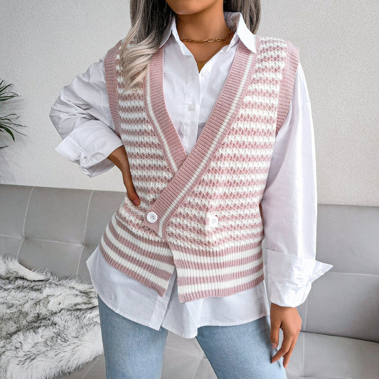 Stripe College Knitted Vest Sweater Women Clothing - Iyanka