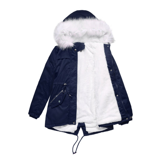 Women Cotton Padded Coat White Fur Collar Parka Mid Length Hooded Winter Warm Velvet Coat Woman Cotton Dress - Iyanka