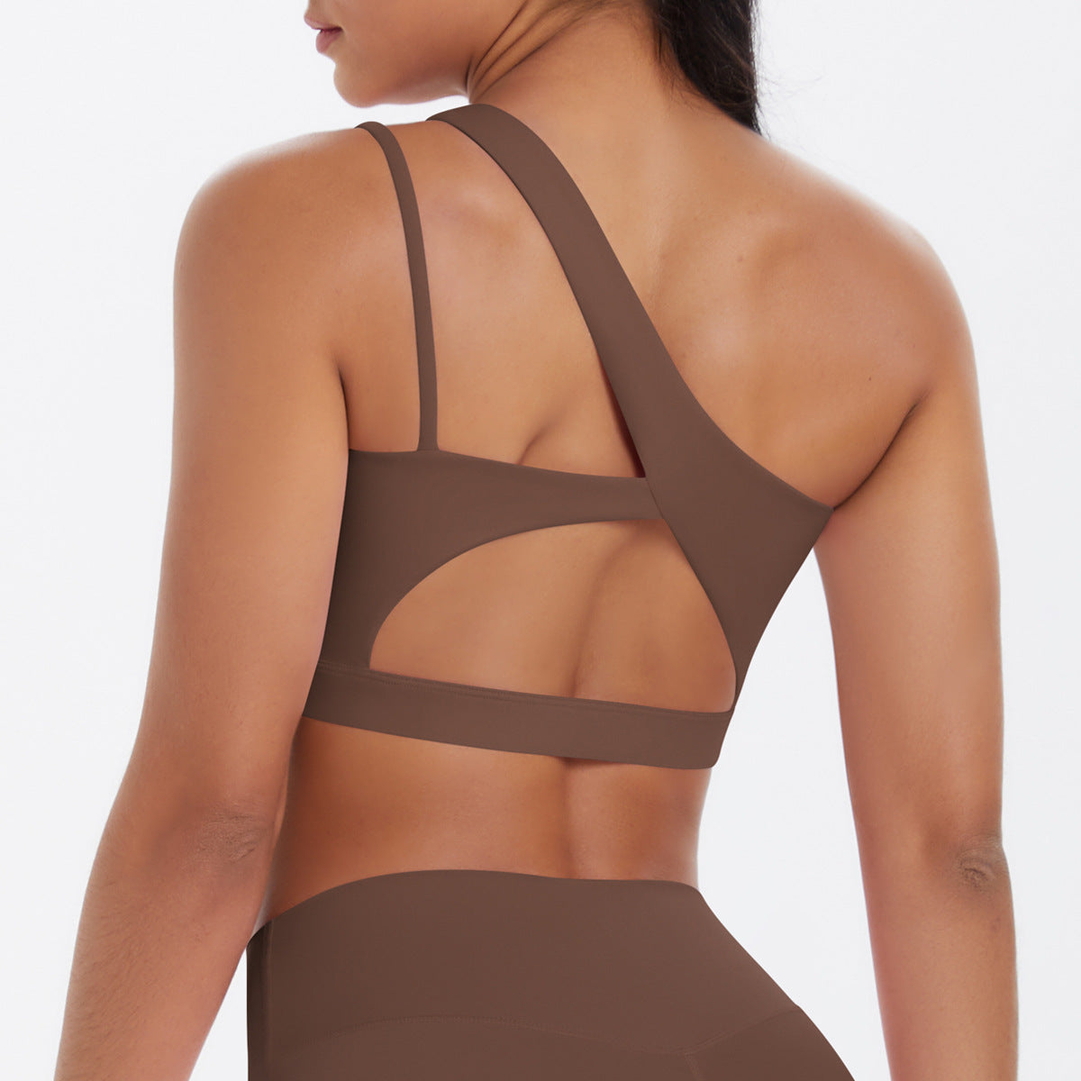 Solid Color One Shoulder Beauty Back Yoga Bra Nude Feel Push up Sports Bra Irregular Asymmetric Shoulder Strap Sports Vest for Women - Iyanka