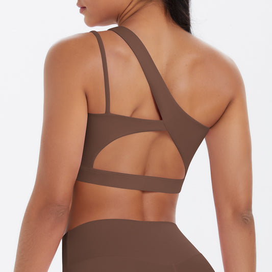 Solid Color One Shoulder Beauty Back Yoga Bra Nude Feel Push up Sports Bra Irregular Asymmetric Shoulder Strap Sports Vest for Women - Iyanka