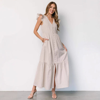 Women Clothing Striped Print Holiday Maxi Dress Bohemian V neck Shirt Dress