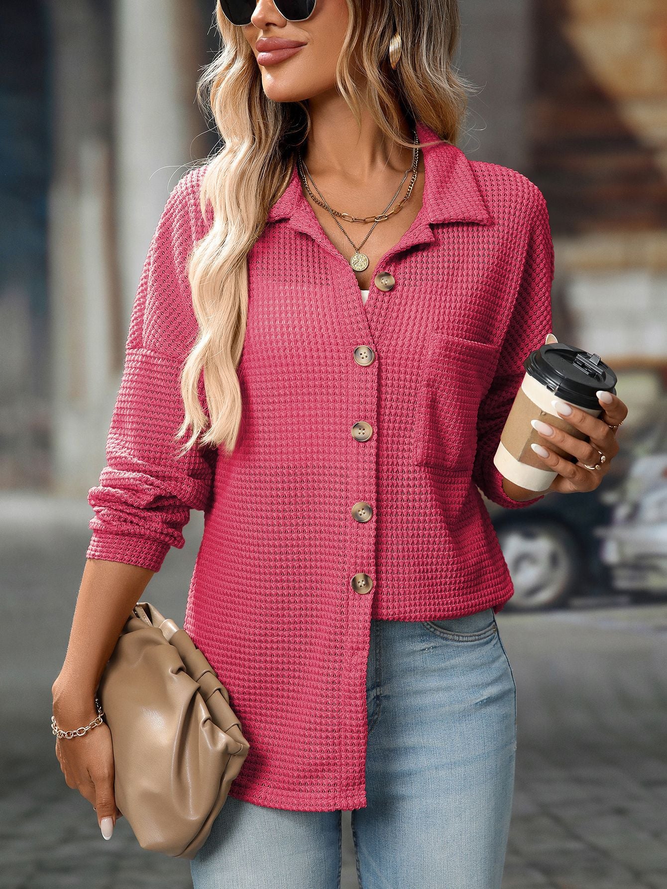 Women Autumn Winter Loose Waffle Casual Office All Matching Shirt - Iyanka