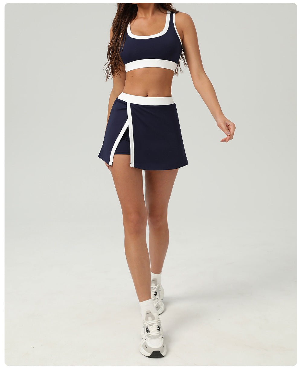 Contrast Color Sports Bra Tennis Skirt Set Women Quick Drying Anti Emptied Pantskirt Sports Set - Iyanka