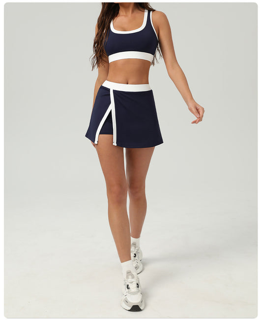 Contrast Color Sports Bra Tennis Skirt Set Women Quick Drying Anti Emptied Pantskirt Sports Set - Iyanka