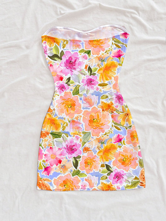 Summer Sexy Printed Hip Bag Dress Floral Slim Fitting Tube Top Short Dress