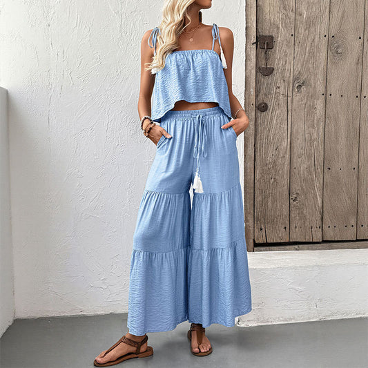 Fresh Air Sling Top Wide Leg Trousers Solid Color Set Two Piece Summer Wear Women - Iyanka