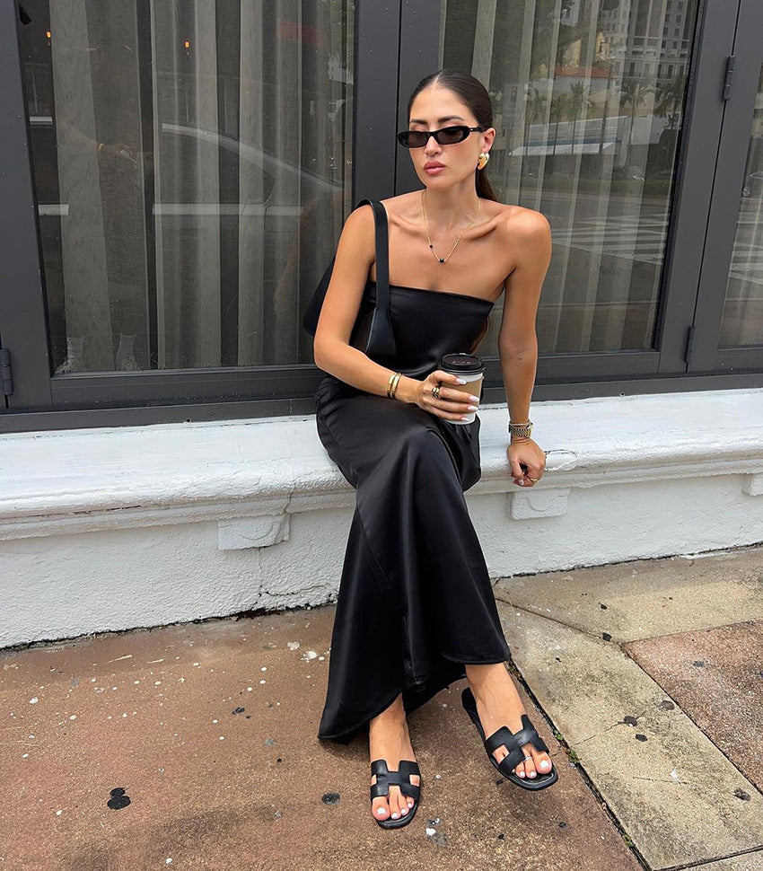Black Sexy Tube Top Satin High Waist Loose Dress Summer Dress Women - Iyanka