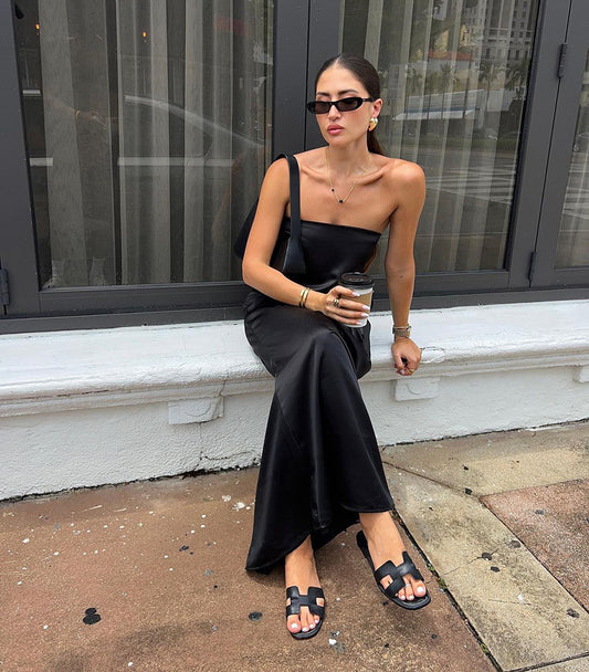 Black Sexy Tube Top Satin High Waist Loose Dress Summer Dress Women - Iyanka