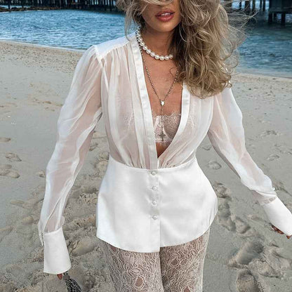 Women’s French Elegant Deep V Lace-Up Long Sleeve Blouse
