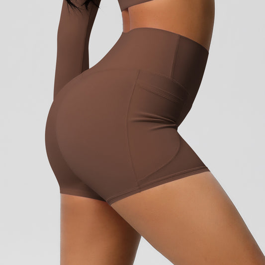 Solid Color Ribbon Pocket Yoga Pants Sports Fitness Shorts Breathable High Waist Belly Contracting Yoga Shorts for Women - Iyanka