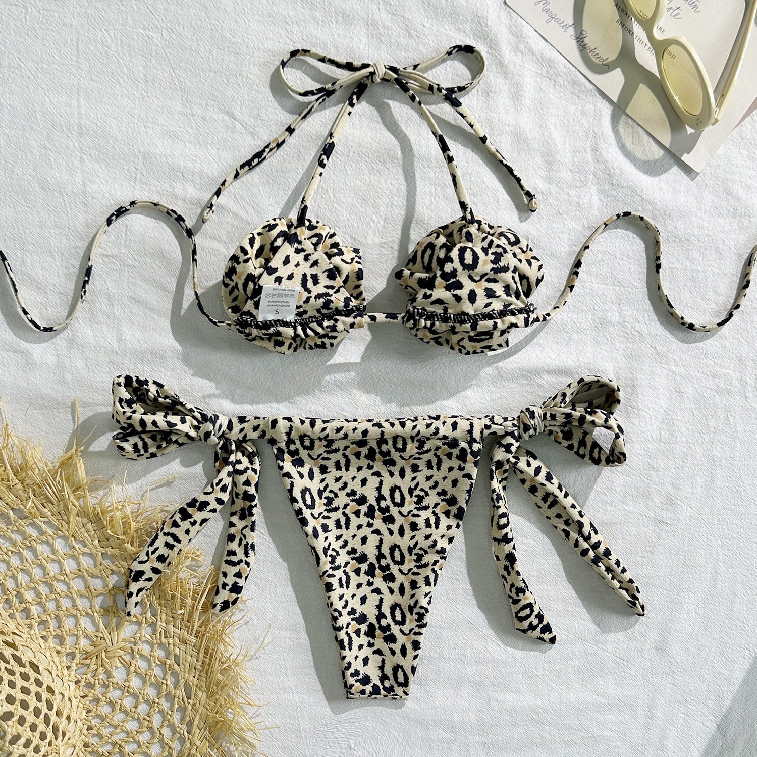 Leopard Print Floral Sexy Drawstring Strap Split Swimsuit Swimwear Bikini - Iyanka