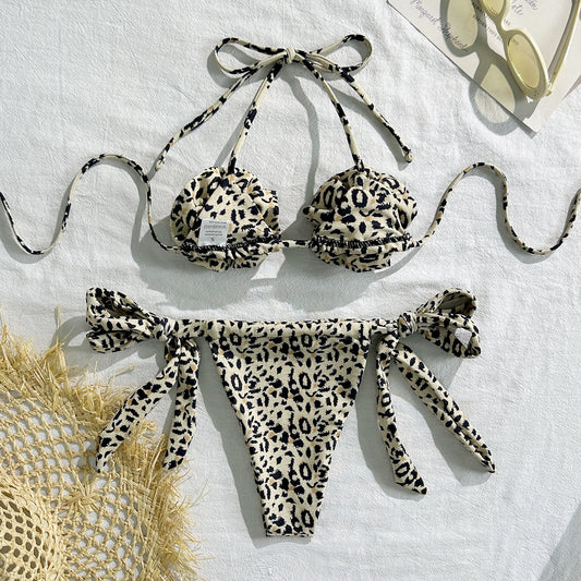 Leopard Print Floral Sexy Drawstring Strap Split Swimsuit Swimwear Bikini - Iyanka