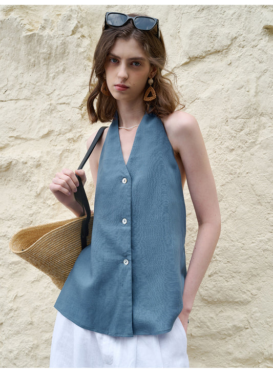 Elegance Retro V neck Halter Sling Women Tencel Linen Bare Back Lace up Sleeveless Top Linen Sexy Vest Summer - Iyanka