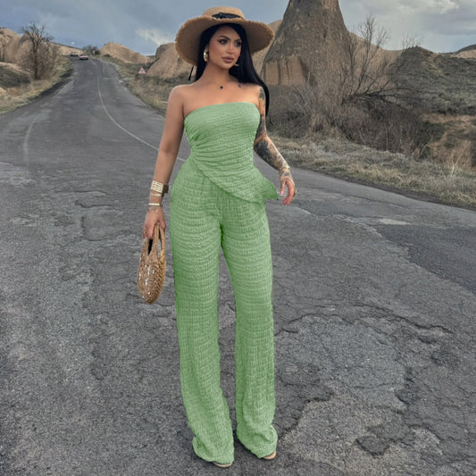 Summer Women Clothing Sexy off the Shoulder Tube Top Beveled Top Slim Trousers Two Piece Sets - Iyanka