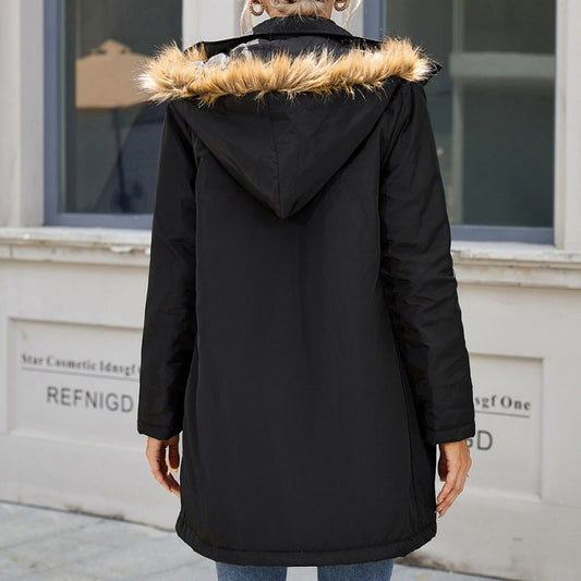 Casual Hooded Mid Length Trench Coat Overcoat Zipper Cotton Padded Coat Women - Iyanka