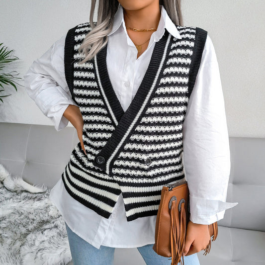 Stripe College Knitted Vest Sweater Women Clothing - Iyanka