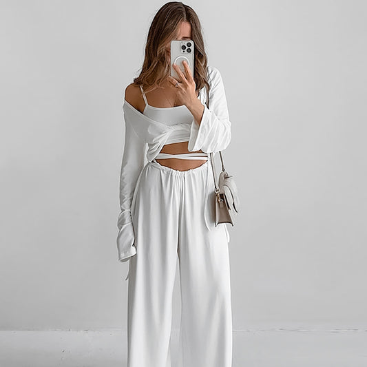 Suspender Top Trousers Long Sleeve Three Piece Set Comfortable Pajamas Autumn Knit Casual Homewear - Iyanka