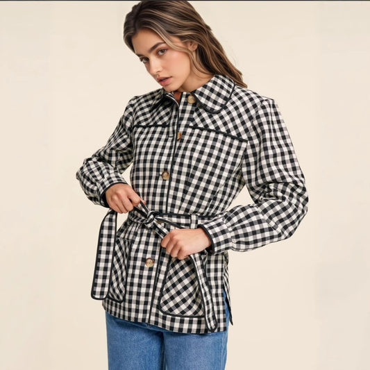 Women Wear Plaid Button Long Sleeve Peter Pan Collar Lace up All Match Slim Fit Cardigan Coat - Iyanka
